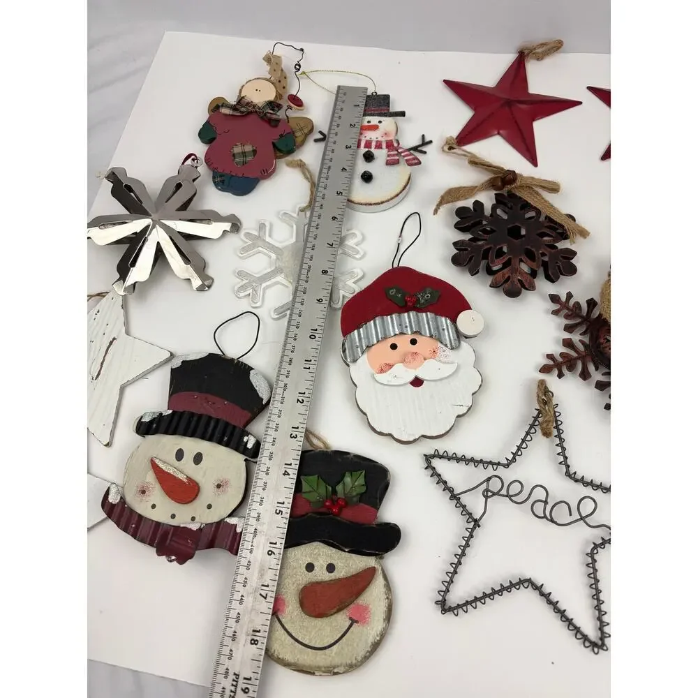 Lot of 22 Holiday Ornaments Christmas Stars Wooden Santa Metal Bundle‎